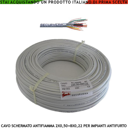 Cavo Schermato Flessibile Antifiamma 2X0,50+8X0,22 mm² Guaina PVC Bianco Prot. Alluminio/Poliestere Drenaggio Conduttore Fili 7 Ø 0,19 mm Twistato Per Impianti di Allarme Antifurto Norma CEI 20/22-III