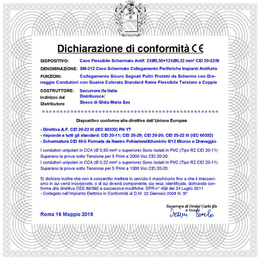 Cavo Flessibile Antifurto Schermato 2X0,50+12X0,22 mm² Guaina PVC Bianco Prot. Alluminio/Poliestere Drenaggio Conduttore Fili 7 Ø 0,19 mm Twistato Per Impianti di Allarme Antifurto Norma CEI 20/22-III
