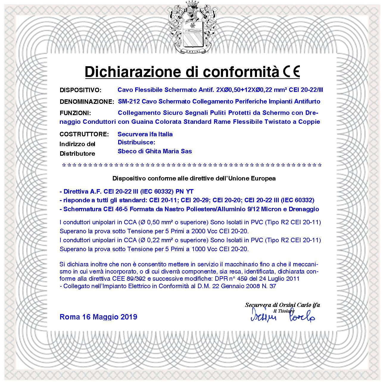 Cavo Schermato Flessibile Antifiamma 2X0,50+12X0,22 mm² Guaina PVC Bianco Prot. Alluminio/Poliestere Drenaggio Conduttore Fili 7 Ø 0,19 mm Twistato Per Impianti di Allarme Antifurto Norma CEI20/22-III