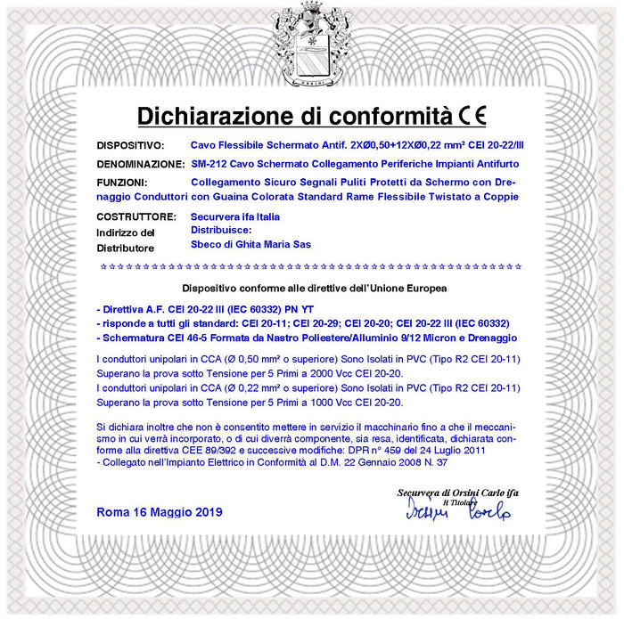 Cavo Schermato Flessibile Antifiamma 2X0,50+12X0,22 mm² Guaina PVC Bianco Prot. Alluminio/Poliestere Drenaggio Conduttore Fili 7 Ø 0,19 mm Twistato Per Impianti di Allarme Antifurto Norma CEI20/22-III