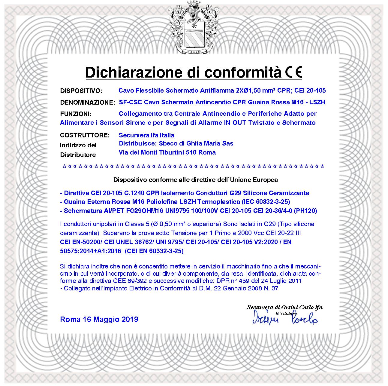 CAVO ANTINCENDIO 2X1,50 MM² COLORE ROSSO SCHERMATO TWISTATO A COPPIE CPR-750 V CEI 20-105 UNEL 36762 LSZH ANTIFIAMMA