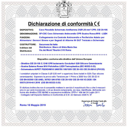 CAVO ANTINCENDIO 2X1,50 MM² COLORE ROSSO SCHERMATO TWISTATO A COPPIE CPR-750 V CEI 20-105 UNEL 36762 LSZH ANTIFIAMMA