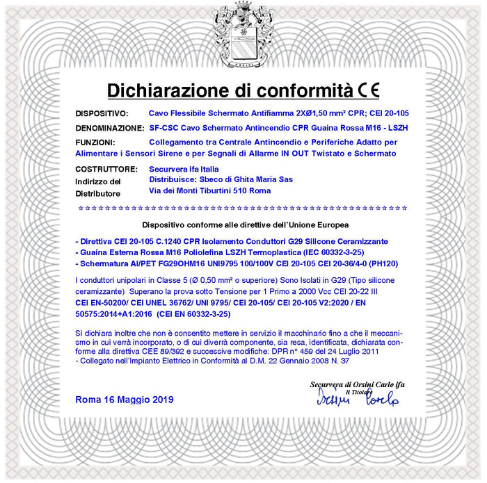 CAVO ANTINCENDIO 2X1,50 MM² COLORE ROSSO SCHERMATO TWISTATO A COPPIE CPR-750 V CEI 20-105 UNEL 36762 LSZH ANTIFIAMMA