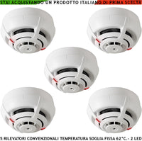 SENSORI TEMPERATURA SOGLIA FISSA 62° C 5 PEZZI PER ANTINCENDIO RIVELATORI TERMOVELOCIMETRICI CONVENZIONALI LOOP USCITA LED STATO