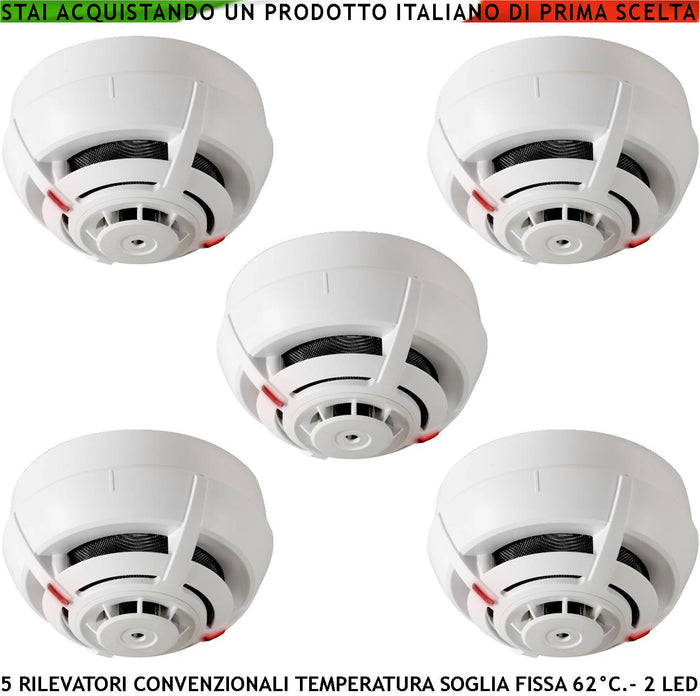 SENSORI TEMPERATURA SOGLIA FISSA 62° C 5 PEZZI PER ANTINCENDIO RIVELATORI TERMOVELOCIMETRICI CONVENZIONALI LOOP USCITA LED STATO
