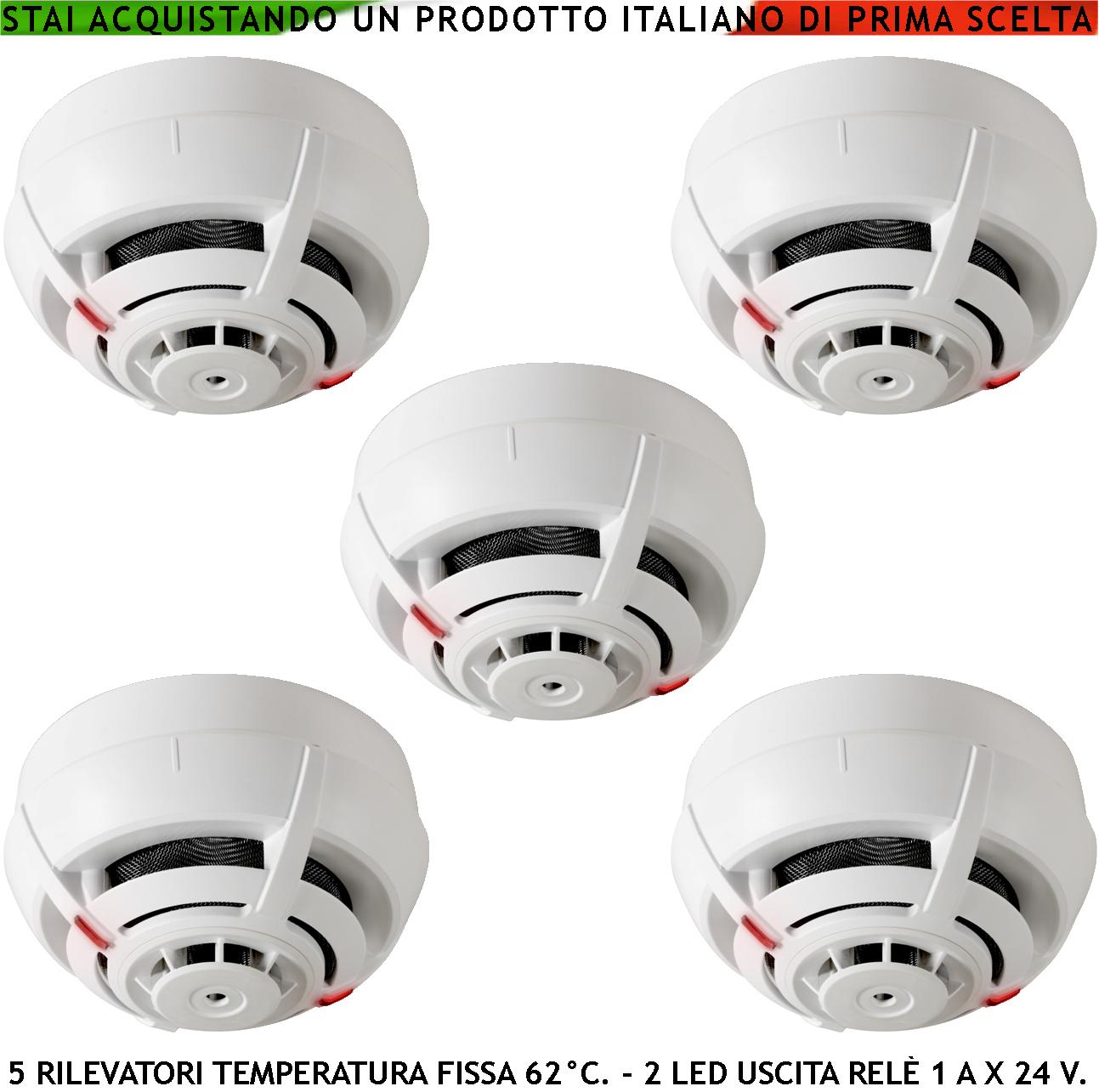 RILEVATORI TEMPERATURA SOGLIA FISSA 62° C 5 SENSORI TERMOVELOCIMETRICI USCITA RELÈ E STATO IMPIANTO 14 MA ALLARME ANTINCENDIO