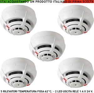 RILEVATORI TEMPERATURA SOGLIA FISSA 62° C 5 SENSORI TERMOVELOCIMETRICI USCITA RELÈ E STATO IMPIANTO 14 MA ALLARME ANTINCENDIO