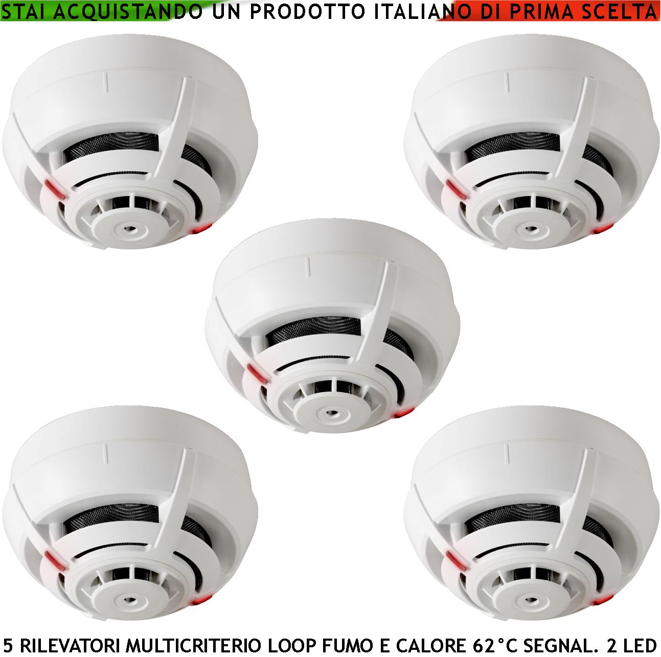 SENSORI DI FUMO 5 RILEVATORI DI TEMPERATURA MULTICRITERIO ANTINCENDIO LOOP 2 LED USCITA OC 14 MA SEGNALAZIONE REMOTA