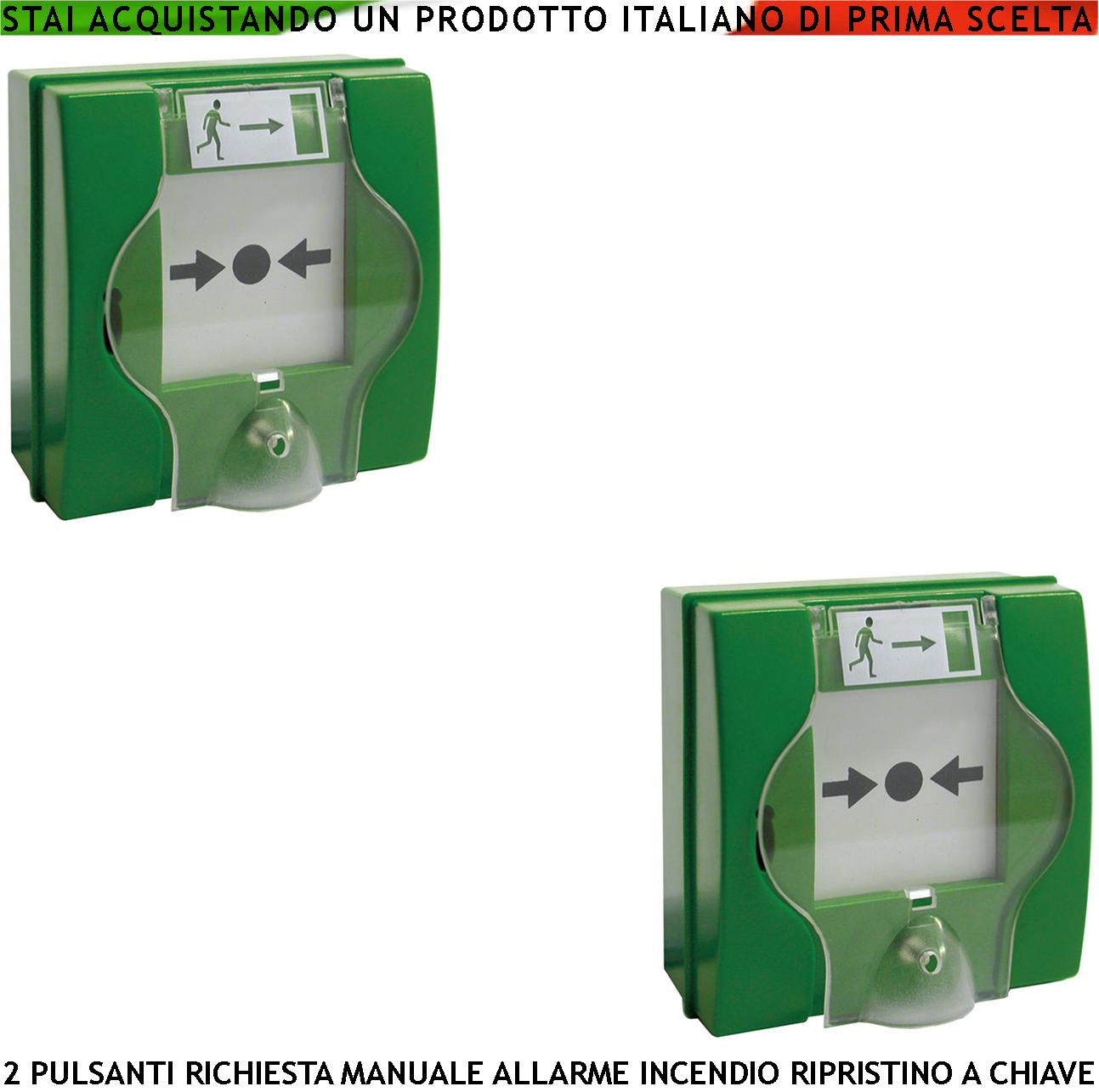 PULSANTI ROTTURA VETRO 2 PEZZI VERDI EMERGENZA INTERVENTO PER INCENDIO RIPRISTINO A CHIAVE SBLOCCA PORTE REI EN 54-11 CPD