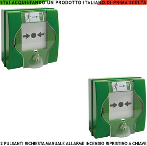 PULSANTI ROTTURA VETRO 2 PEZZI VERDI EMERGENZA INTERVENTO PER INCENDIO RIPRISTINO A CHIAVE SBLOCCA PORTE REI EN 54-11 CPD