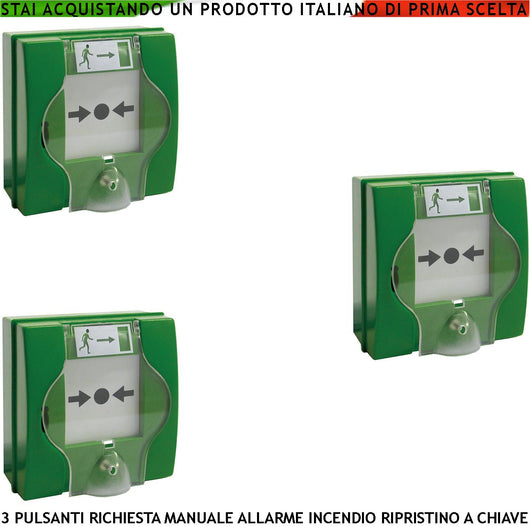 PULSANTI EMERGENZA ROTTURA VETRO 3 PEZZI VERDI INTERVENTO PER INCENDIO RIPRISTINO A CHIAVE SBLOCCA PORTE REI EN 54-11 CPD