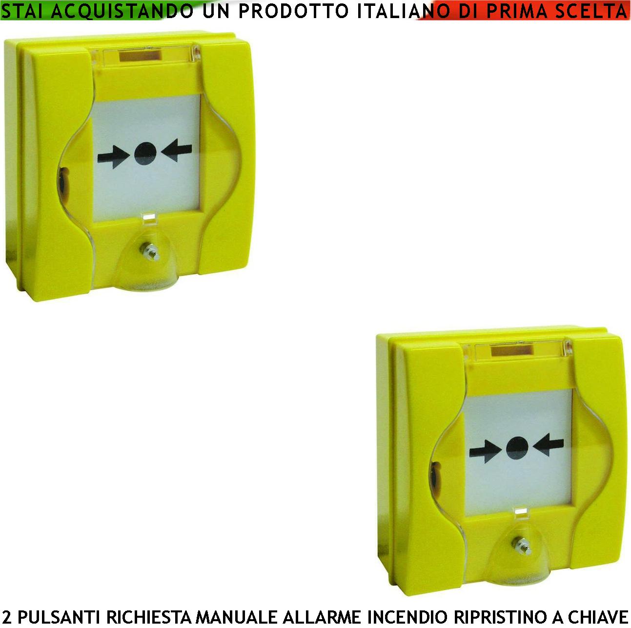 PULSANTE EMERGENZA ROTTURA VETRO GIALLO 2 PEZZI ATTIVAZIONE INTERVENTO INCENDIO RIPRISTINO A CHIAVE SBLOCCA PORTE REI EN 54-11 CPD