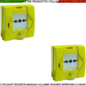 PULSANTE EMERGENZA ROTTURA VETRO GIALLO 2 PEZZI ATTIVAZIONE INTERVENTO INCENDIO RIPRISTINO A CHIAVE SBLOCCA PORTE REI EN 54-11 CPD