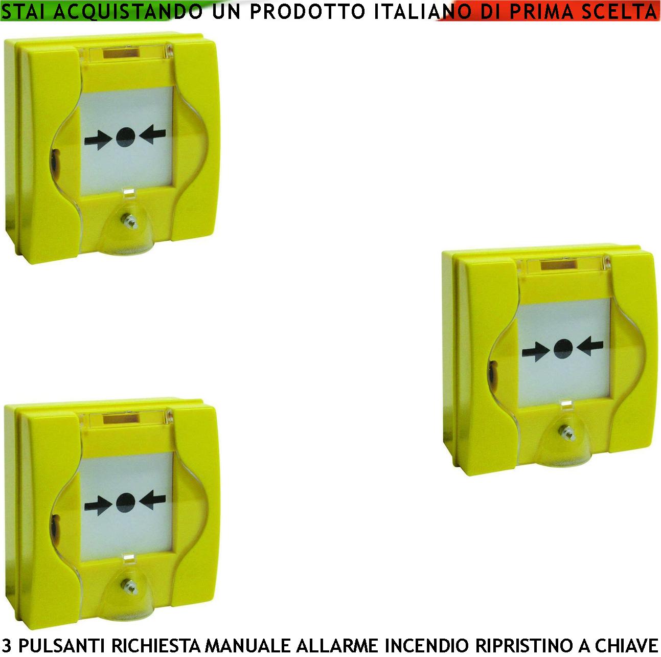 PULSANTI EMERGENZA ROTTURA VETRO GIALLI 3 PEZZI RICHIESTA INTERVENTO INCENDIO RIPRISTINO A CHIAVE SBLOCCA PORTE REI EN 54-11 CPD