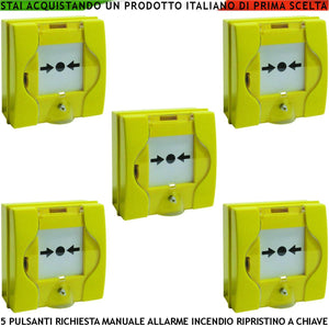 PULSANTI EMERGENZA ROTTURA VETRO GIALLI 5 PEZZI RICHIESTA INTERVENTO INCENDIO RIPRISTINO A CHIAVE SBLOCCA PORTE REI EN 54-11 CPD