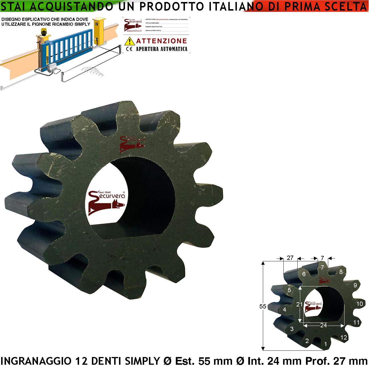 Ingranaggio Z12 Adatto Alla Cremagliera Universale M4 Pignone Ricambio Motore Simpy e Geko Del Cancello Scorrevole Acciaio Esterno 12 Denti 48 Codice 100902 38 Codice STP067 Foro Cilindrico Con Blocco