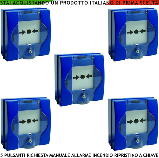 PULSANTI EMERGENZA ROTTURA VETRO BLU 5 PEZZI RICHIESTA INTERVENTO INCENDIO RIPRISTINO A CHIAVE SBLOCCA PORTE REI EN 54-11 CPD
