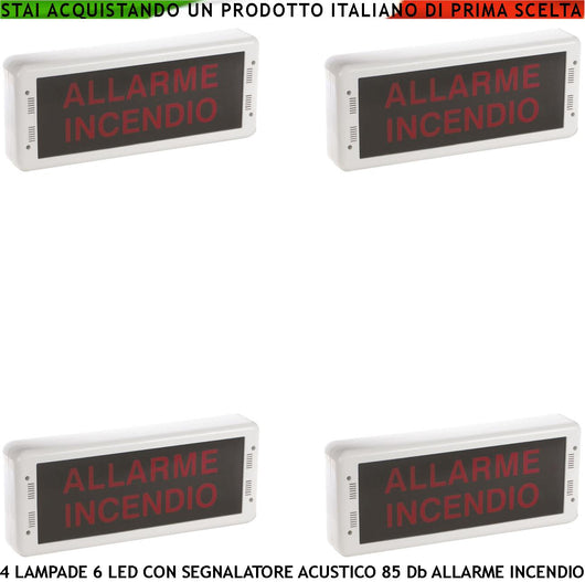 SEGNALAZIONE VIA DI FUGA 4 PEZZI LUCE LED SIRENA 85 dB SCRITTA ALLARME INCENDIO PANNELLO A MURO EN 54-3 EN-54-23 DoP 1293 CPR-0511