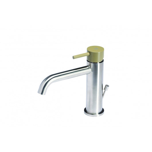 Rubinetto miscelatore per lavabo in acciaio inox Tubico Colorado con scarico e maniglia colorata T20010 Ulivo