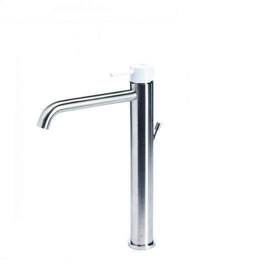 Rubinetto miscelatore alto per lavabo in acciaio inox Tubico Colorado con scarico e maniglia colorata T20020 Neve