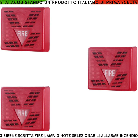 SIRENA ROSSA ANTINCENDIO 3 PEZZI SEGNALAZIONE ALLARME INCENDIO ALIMENTAZIONE 24 VCC SCRITTA FIRE LAMPEGGIANTE
