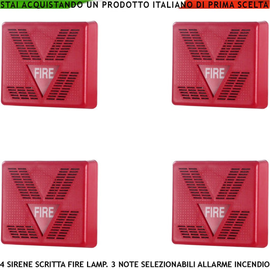 SIRENA ALLARME INCENDIO ROSSA 4 PEZZI SEGNALAZIONE MULTISUONO ALIMENTAZIONE 24 VCC SCRITTA FIRE LAMPEGGIANTE