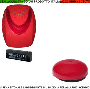 SIRENA LAMPEGGIANTE LED ANTISCHIUMA DA ESTERNO 1 BATTERIE 12 V 1,2 AH UNA BADENIA PER ALLARME INCENDIO ALIMENTATE 24 VCC