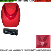 SIRENA LAMPEGGIANTE ROSSA ESTERNA CON SOTTOCOPERCHIO ANTISCHIUMA E SIRENA INTERNA SEGNALE ALLARME INCENDIO ALIMENTATE 24 VCC