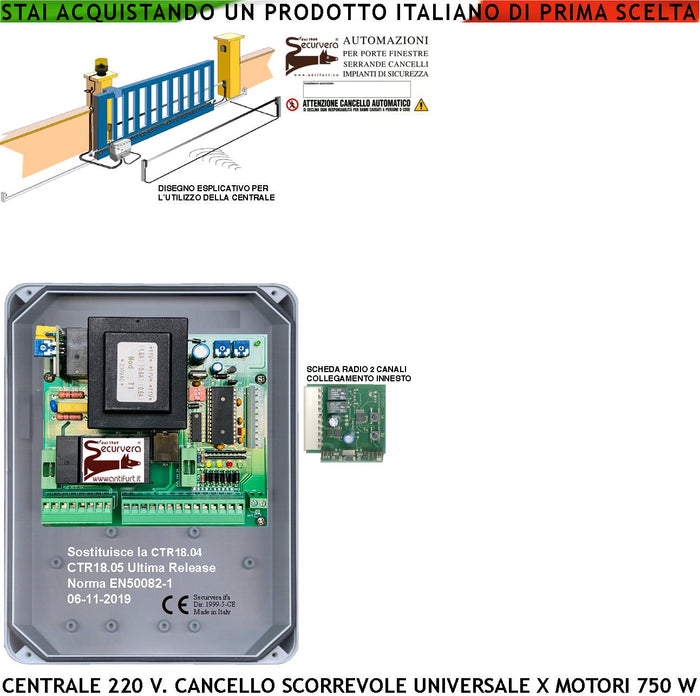 CTR18 PM-5000 CENTRALE COMANDO CANCELLO SCORREVOLE 220 V PER MOTORE 1 CAVALLO CON CONTENITORE SCHEDA RADIO CARTELLO SECURVERA