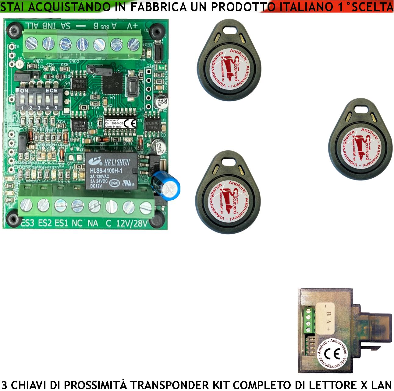 Trasponder Chiave di Prossimità 3 Chiavi TAG Lettore Modulo LAN Universale 501 RJ45 Alimentazione 12/24 Vac Relè Contatto C.NC.NA 2 A a 24 V Funzione Impulsiva o Stabile Segnale di Stato 4 Led GRVB
