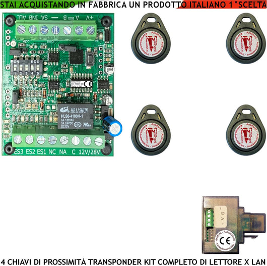Trasponder Chiave di Prossimità 4 Chiavi TAG Lettore Modulo LAN Universale 501 RJ45 Alimentazione 12/24 Vac Relè Contatto C.NC.NA 2 A a 24 V Funzione Impulsiva o Stabile Segnale di Stato 4 Led GRVB