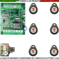 Kit Chiave Elettronica di Prossimità 6 Trasponder Lettore Modulo LAN Universale 501 RJ45 Alimentazione 12/24 Vac Relè Contatto C.NC.NA 2 A 24 V Funzione Impulsiva o Stabile Segnale di Stato 4 Led GRVB