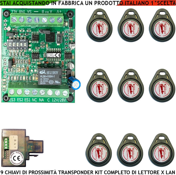 Kit Chiave Elettronica di Prossimità 9 Trasponder Lettore Modulo LAN Universale 501 RJ45 Alimentazione 12/24 Vac Relè Contatto C.NC.NA 2 A 24 V Funzione Impulsiva o Stabile Segnale di Stato 4 Led GRVB