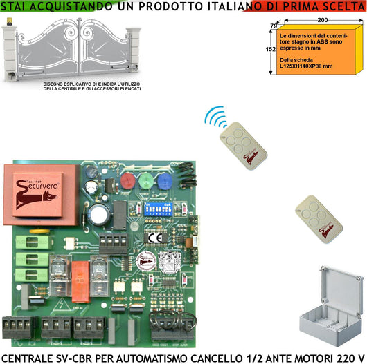 Scheda Elettronica Cancello 2 Ante Battente 220 V 50 Hz Contenitore IP55 Incorpora Ricevente 433,92 MHz 2 Radiocomando 4 Canali Apprende 254 Codici 8 Funzioni Regolazioni Tempi Forza Memorizza Corsa Rallentamenti Comando Serratura