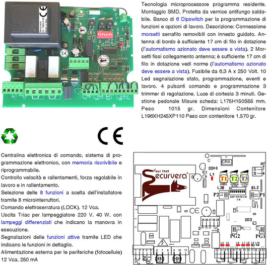 Quadro Centrale Scheda Gestione Cancello 2 Ante 230 V Tempi e Funzione Programmabili Forza Regolabile. Ricevente Radio Alimentazione 12/24 V Per Accessori. Fine Corsa Motori Compatibile Benincà BTF