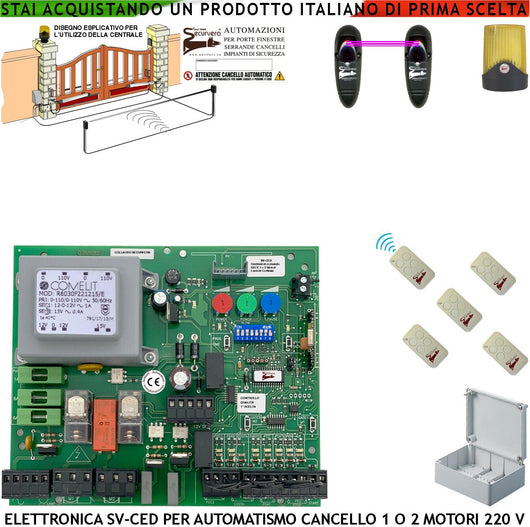 SCHEDA ELETTRONICA CANCELLO 2 MOTORI 220 V QUALSIASI MARCA E TIPO 5 RADIOCOMANDI FOTOCELLULE TEMPI FORZA E FUNZIONE REGOLABILI SIMIILE SERAI