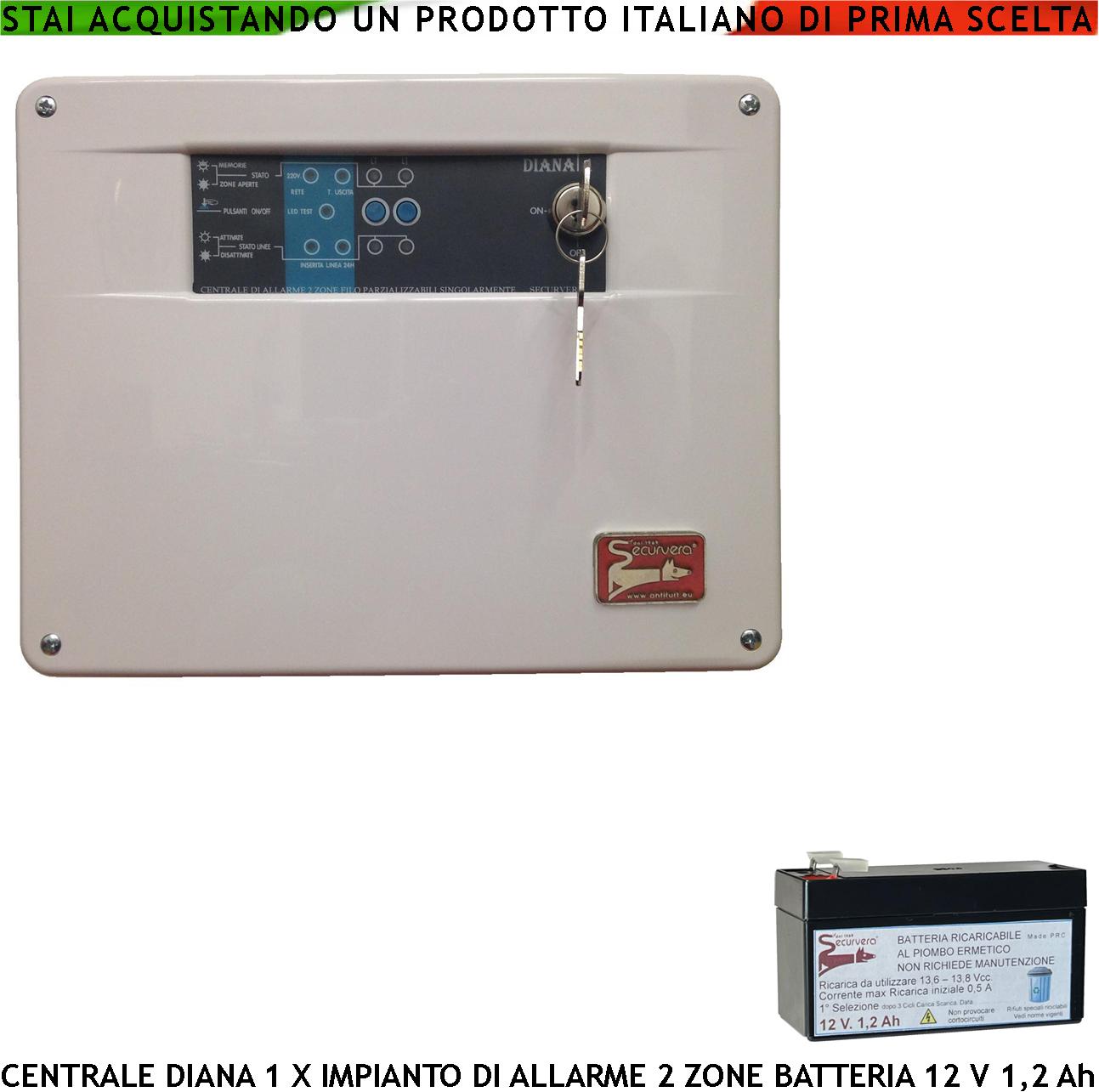 Centrale di Allarme Diana 2 Zone Chiave Meccanica Batteria 12 V 1,2 Ah Per Impianto Antifurto Filare. Gestisce Sensori Ingresso Per Chiave Remota o Telegestione Comando Sirene Combinatore SOS Fumogeni