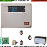 Diana 2 Zone Centrale Allarme per Impianto Antifurto Filo Tre Chiavi TAG 2 Meccaniche Batteria 12 V 7,2 Ah Gestisce Sensori Ingresso Comando Remoto o Telegestione Uscita Controllo Sirene e Combinatore