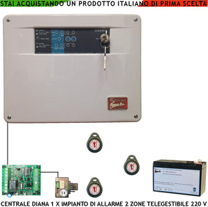 Diana 2 Zone Centrale Allarme per Impianto Antifurto Filo Tre Chiavi TAG 2 Meccaniche Batteria 12 V 7,2 Ah Gestisce Sensori Ingresso Comando Remoto o Telegestione Uscita Controllo Sirene e Combinatore