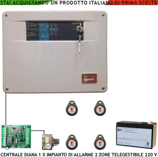 Centrale Diana Antifurto 2 Zone Batteria 12 V 7 Ah per Impianto di Allarme Filo. 4 Chiavi TAG. 2 Meccaniche Gestisce Sensori Ingresso Comando Remoto o Telegestione Uscita Sirene Combinatore Dissuasori