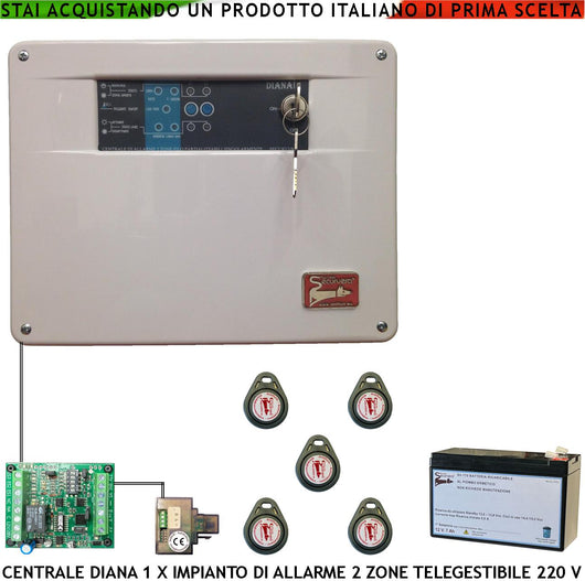 Centrale Antifurto Diana 2 Zone Batteria 12 V 7 Ah 5 Chiavi TAG 2 Meccaniche Impianto Filo. Gestisce Sensori Ingresso Con Comando Remoto di Telegestione Uscita Sirene Combinatore Videocamera Fumogeno