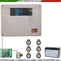 Diana Centrale 2 Zone Allarme 6 Chiavi TAG 2 Meccaniche Batteria 12 V 7 Ah per Impianto Antifurto Filare. Gestisce Sensori Con Comando Remoto Per Telegestione Uscita Sirene Combinatore SOS Telecamere