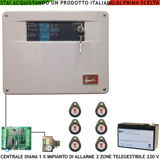 Diana Centrale 2 Zone Allarme 6 Chiavi TAG 2 Meccaniche Batteria 12 V 7 Ah per Impianto Antifurto Filare. Gestisce Sensori Con Comando Remoto Per Telegestione Uscita Sirene Combinatore SOS Telecamere