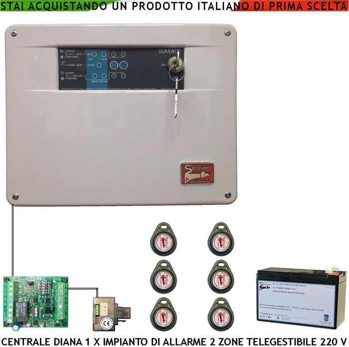 Diana Centrale 2 Zone Allarme 6 Chiavi TAG 2 Meccaniche Batteria 12 V 7 Ah per Impianto Antifurto Filare. Gestisce Sensori Con Comando Remoto Per Telegestione Uscita Sirene Combinatore SOS Telecamere