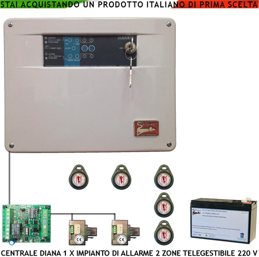 Centrale Antifurto Diana 2 Zone 5 Chiavi TAG 2 Lettori e 2 Meccaniche Batteria 12 V 7 Ah Per Impianto Via Filo. Gestisce Sensori Allarme Ingresso Per Telegestione Comando Sirene Combinatore e Fumogeni