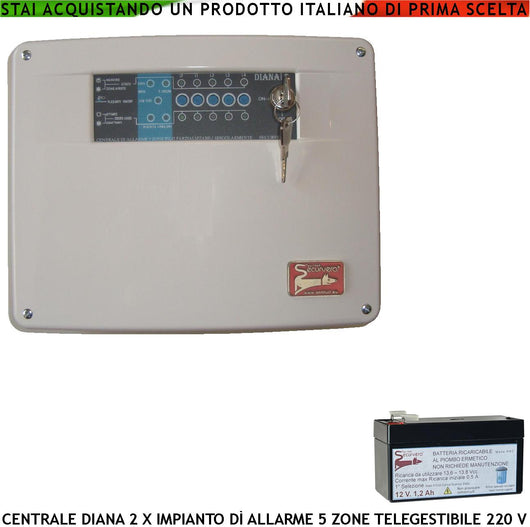 Diana Centrale 5 Zone Allarme Chiave Meccanica Batteria 12 V 1,2 Ah per Impianto Antifurto Filare. Gestisce Sensori Ingresso Per Comando Remoto o Telegestione Uscita Sirene Combinatore SOS Telecamere