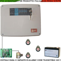 Diana 5 Zone Centrale Allarme Batteria 12 V 7,2 Ah per Impianto Antifurto Filo Chiave di Prossimità 3 TAG Gestisce Sensori di Movimento e di Scasso Ingresso Comando Remoto o Telegestione Uscita di Comando per Sirene e Combinatore