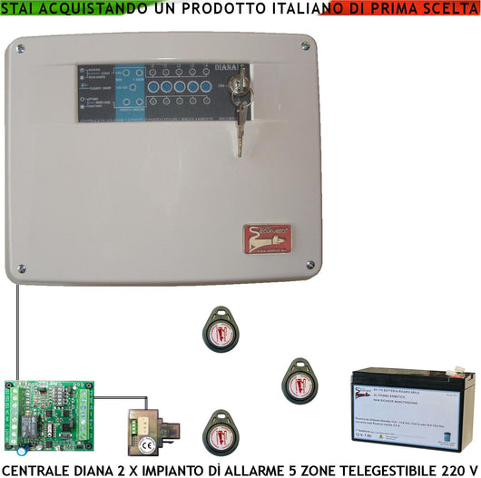 Diana 5 Zone Centrale Allarme Batteria 12 V 7,2 Ah per Impianto Antifurto Filo Chiave di Prossimità 3 TAG Gestisce Sensori di Movimento e di Scasso Ingresso Comando Remoto o Telegestione Uscita di Comando per Sirene e Combinatore