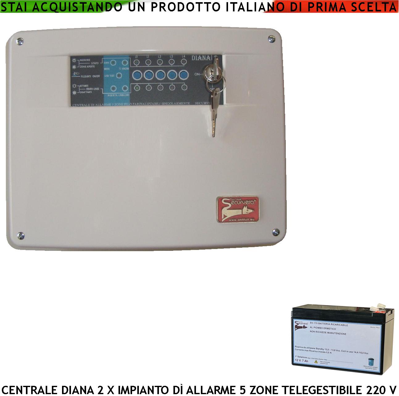 Diana 5 Zone Centrale Allarme Batteria 12 V 7 Ah per Impianto Antifurto Filo 2 Chiavi Meccaniche Gestisce Rilevatori Ingresso Per Comando Remoto o Telegestione Uscita Sirene Combinatore Fumogeni
