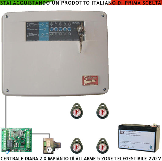 Centrale Diana Antifurto 5 Zone Batteria 12 V 7 Ah per Impianto di Allarme Filo. 4 Chiavi TAG. 2 Meccaniche Gestisce Sensori Ingresso Comando Remoto o Telegestione Uscita Sirene Combinatore Dissuasori